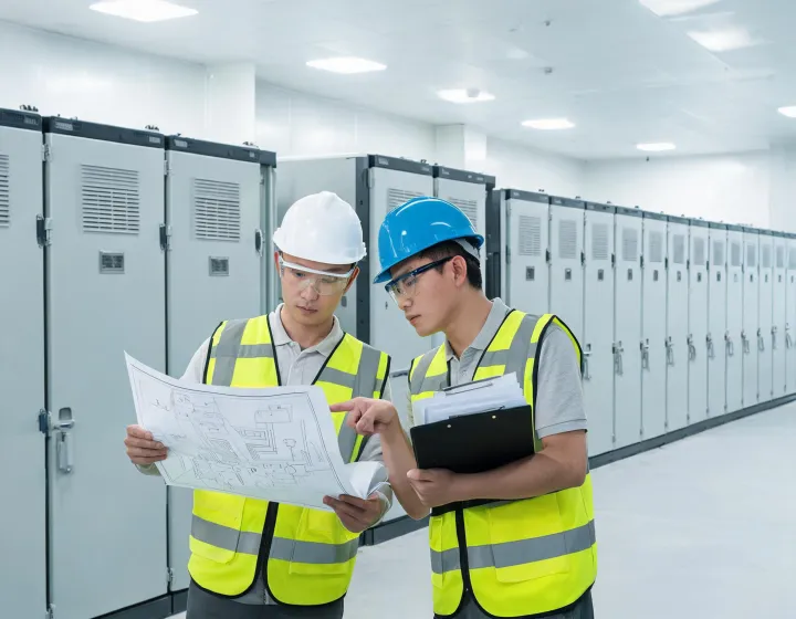 Battery energy storage technicians reviewing cabinet documentation